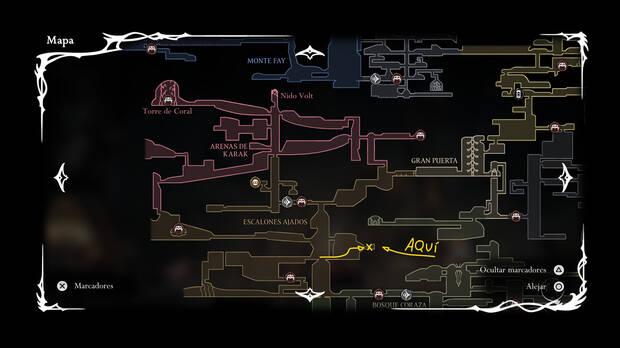Hollow Knight Silksong - Localización en el mapa del inicio de la misión Vasallo perdido