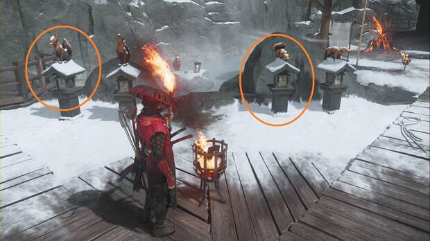 Ghost of Yotei - Campamentos de los Seis en el Risco de Teshio, Escondite de los manantiales ventisqueros, zorros correctos junto al campamento