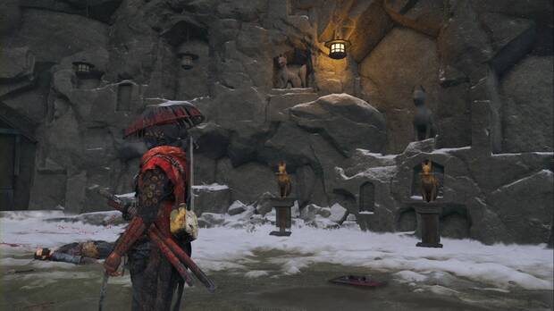 Ghost of Yotei - Campamentos de los Seis en el Risco de Teshio, Escondite de la desgracia de la nieve, zorros en la pared de roca