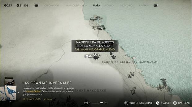 Ghost of Yotei - Madrigueras de zorro en el Risco de Teshio, ubicación de la madriguera Muralla alta