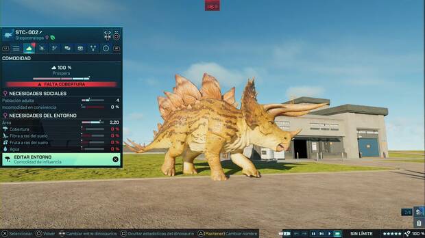 Jurassic World Evolution 3 - Dinosaurios, ficha del Stegoceratops con sus caractersticas de comodidad y necesidades