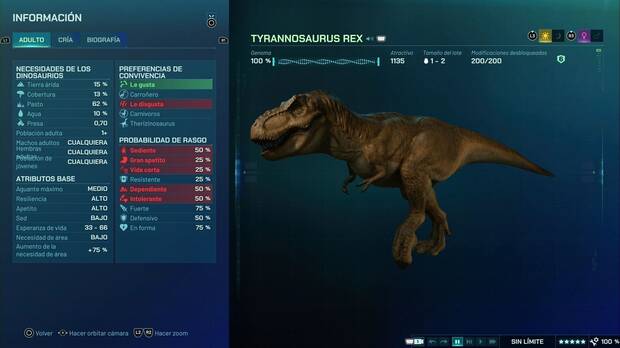 Jurassic World Evolution 3 - Compatibilidades e incompatibilidade de dinosaurios, ficha de compatibilidades y caractersticas del Tyrannosaurus Rex