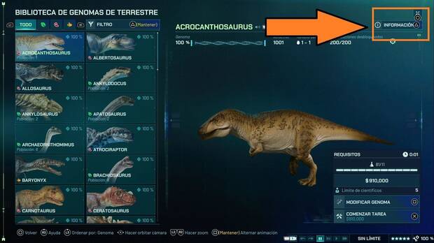 Jurassic World Evolution 3 - Fichas de dinosaurios, interfaz de genoma de dinosaurios