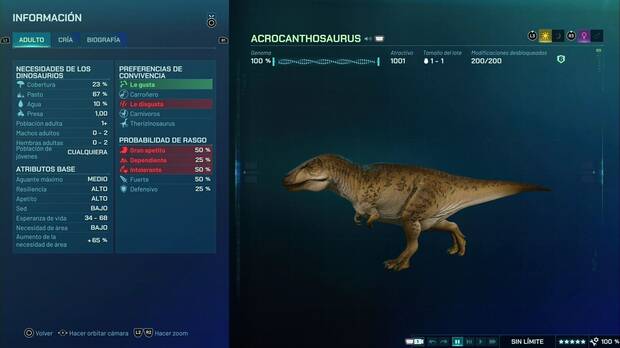 Jurassic World Evolution 3 - Fichas de dinosaurios, interfaz de la pestaña del Acrocanthosaurus