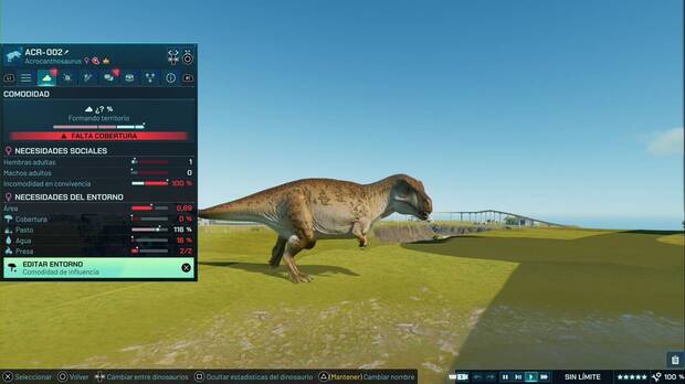Jurassic World Evolution 3 - Fichas de dinosaurios, ficha del Acrocanthosaurus después de criarlo