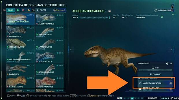 Jurassic World Evolution 3 - Desbloquear, modificar y criar nuevos dinosaurios, menú de selección de genoma de dinosaurios con la modificación de genoma señalada