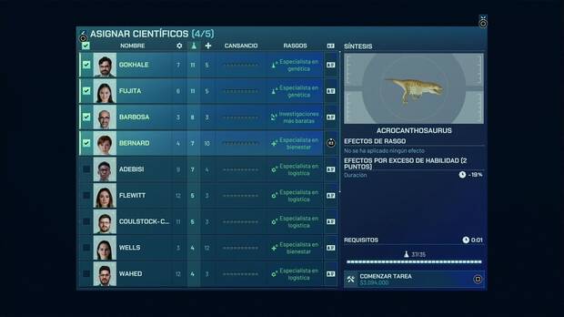 Jurassic World Evolution 3 - Desbloquear, modificar y criar nuevos dinosaurios, menú de costes de la sintetización de huevos