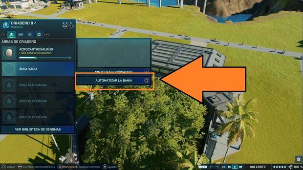 Jurassic World Evolution 3 - Desbloquear, modificar y criar nuevos dinosaurios, menú de automatización de bahía