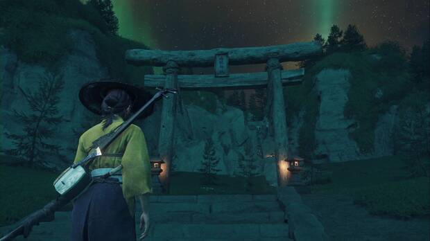 Ghost of Yotei - Santuarios, puerta torii al principio de un santuario