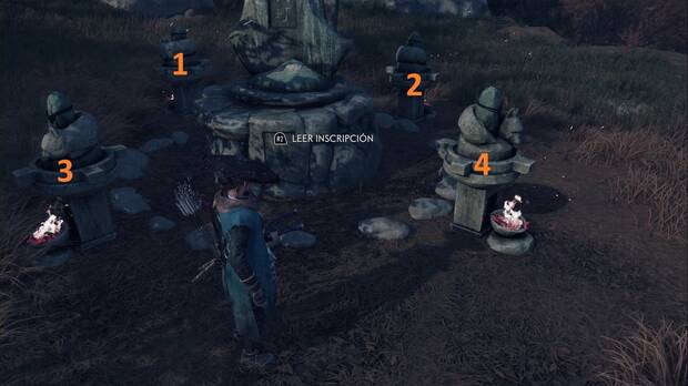 Ghost of Yotei - Relicario de la resiliencia en la Cordillera de Tokachi, altar con las estatuas numeradas