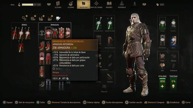 The Witcher 3 Wild Hunt Remastered - Equipo de brujo; Armadura de cresta escarlata