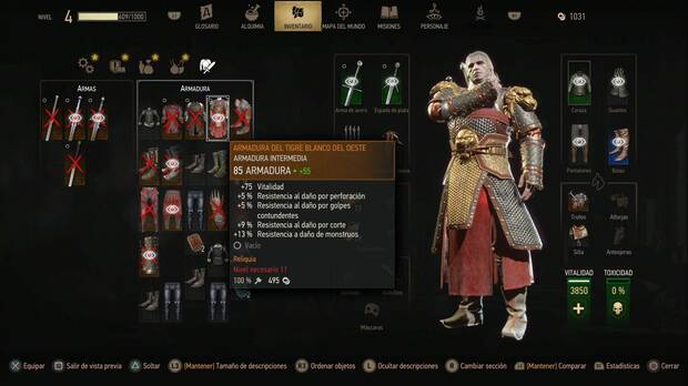 The Witcher 3 Wild Hunt Remastered - Equipo de brujo; Armadura del Tigre Blanco del Oeste