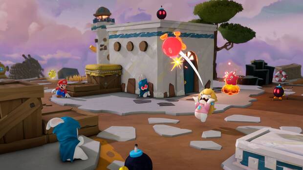 Imagen oficial de combate con Rabbid Peach en Mario + Rabbids: Sparks of Hope