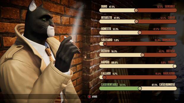Según las decisiones que vayamos tomando podremos ir definiendo la personalidad de Blacksad, en base a una serie de parámetro que a modo de curiosidad podemos observar en una pantalla.