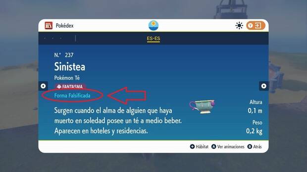 Pokémon Escarlata y Púrpura - Identificar la forma Falsificada o Genuina de Sinistea desde la ficha de Datos
