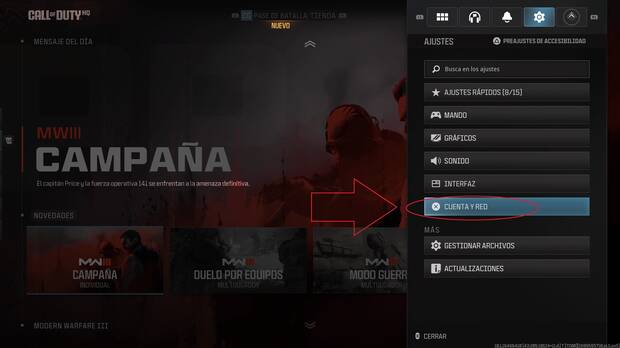 Opciones de cuenta y red para activar cross-play en CoD Modern Warfare 3 (2023)