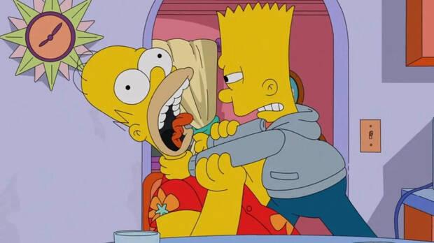 Bart estrangula a Homer en el Episodio 7 de la Temporada 35 de Los Simpsons