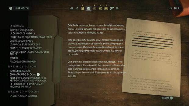 Alan Wake 2 - Old Gods: página del manuscrito Odín atrapado en cama
