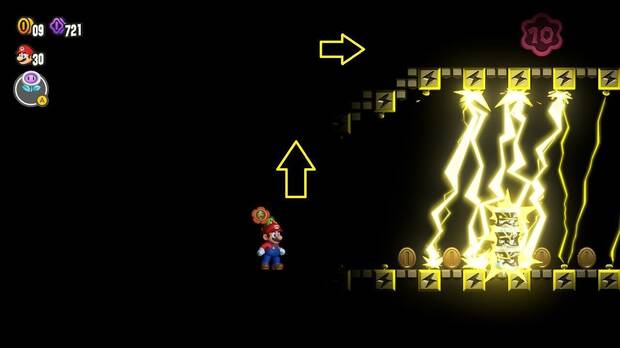 Super Mario Bros. Wonder - Localización de la Moneda púrpura #2 en Entramado de barricadas eléctricas