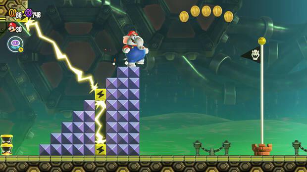 Super Mario Bros. Wonder - Cómo llegar a lo más alto del banderín de meta en Entramado de barricadas eléctricas