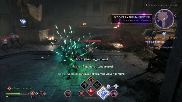 Dragon Age: The Veilguard - El asedio de Weisshaupt: patio de la puerta principal lleno de enemigos