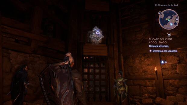 Dragon Age: The Veilguard - Misiones de Neve, El caso del Cisne Adoquinado: reja en la zona de los cristales rojos con un cristal de hielo bloqueando el mecanismo