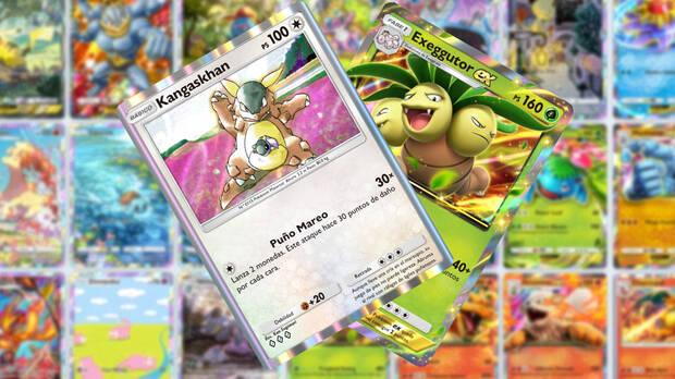 JCC Pokmon Pocket - Composicin de las cartas Kangaskhan y Exeggutor Ex sobre un fondo con el lbum completo