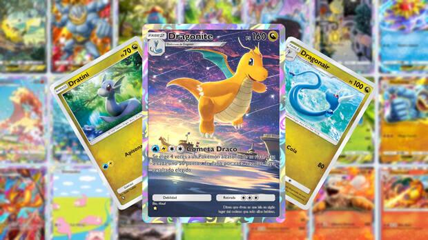 JCC Pokmon Pocket: composicin con las cartas de Dratini, Dragonair y Dragonite sobre un fondo con las cartas del juego