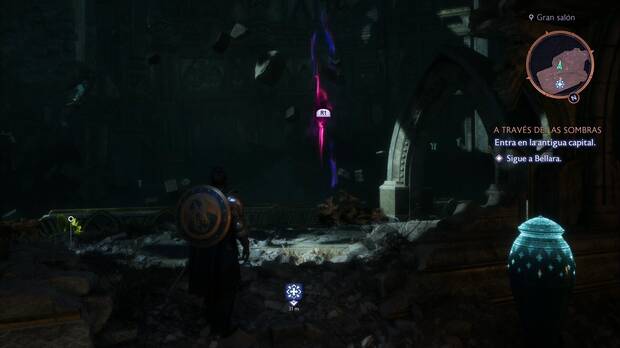 Dragon Age: The Veilguard - Misiones de Bellara, A través de las sombras: punto donde usar el poder de Lucanis para llegar a un cofre en una plataforma flotante