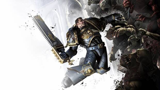 Imagen promocional de Warhammer 40.000: Space Marine con Titus cargando contra una horda de orkoz