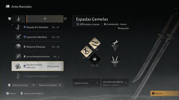 Where Winds Meet - Mejorar armas y habilidades, men� de Artes Marciales de las Espadas gemelas