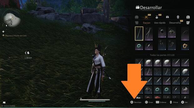 Where Winds Meet - Reciclar objetos en masa, men de mochila con la opcin de reclicaje sealada