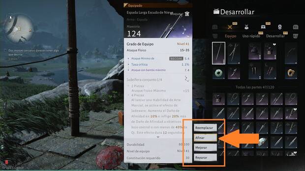 Where Winds Meet - Afinar armas y armaduras, men de seleccin con la opcin de Afinar resaltada