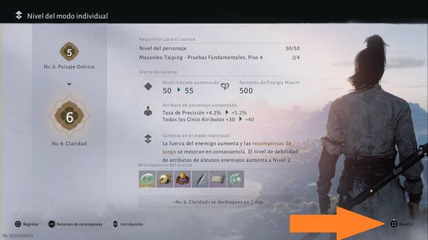 Where Winds Meet - Cmo bajar la dificultad, men de avance con la opcin Revertir resaltada