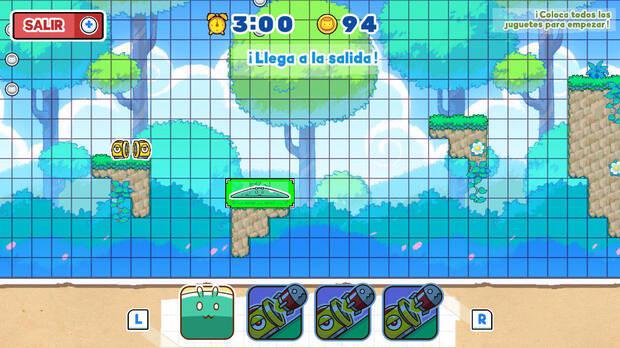 Cada nivel consta de tres subfases muy cortas en las que, casi siempre, se nos pide alcanzar la salida, acabar con los rivales o superar pequeños desafíos, en plan Super Mario Maker pero mucho más limitado.