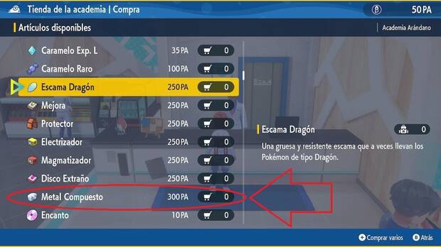 Pokémon Escarlata y Púrpura DLC 2 - Comprar el objeto evolutivo Metal Compuesto