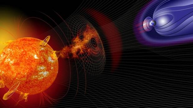 Representaci�n art�stica del viento solar y su efecto en la magnetosfera
