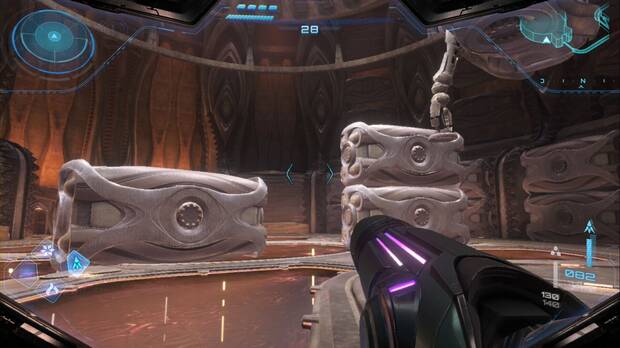 Metroid Prime 4: Beyond - Fundición Voltaica (II), contenedores en la sala de los Archivos de la Torre 2, posados en el suelo