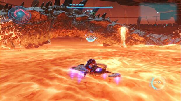 Metroid Prime 4: Beyond - Laguna del Magma (II), bultos azules bajo el cuerpo de Phenoros