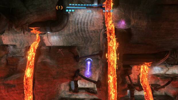 Metroid Prime 4: Beyond - Laguna del Magma, sala de la expansión de la psicobomba de energía con las corrientes de lava