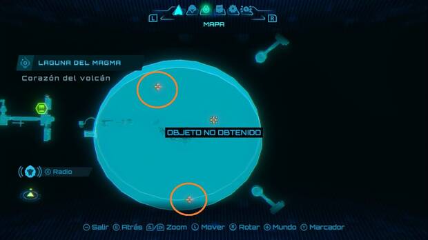 Metroid Prime 4: Beyond - Laguna del Magma: mapa del Coraz�n del Volc�n con la expansi�n de misiles y la expansi�n elemental marcadas