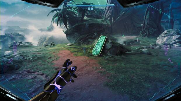 Metroid Prime 4: Beyond - Espesura Iracunda, tablilla con la entrada del banco de datos El Árbol Sagrado en el Mirador del Acantilado