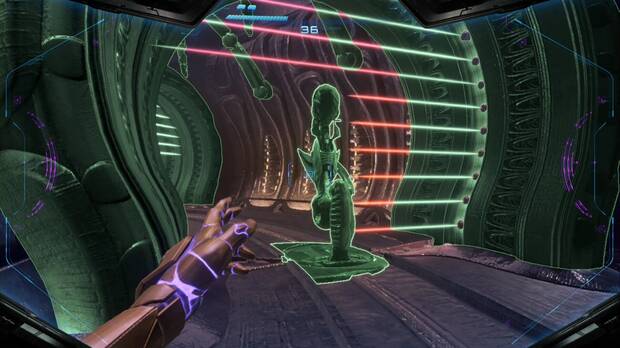 Metroid Prime 4: Beyond - Fundici�n Voltaica, piezas de moto haciendo de escudo contra los muros l�ser de la planta de producci�n