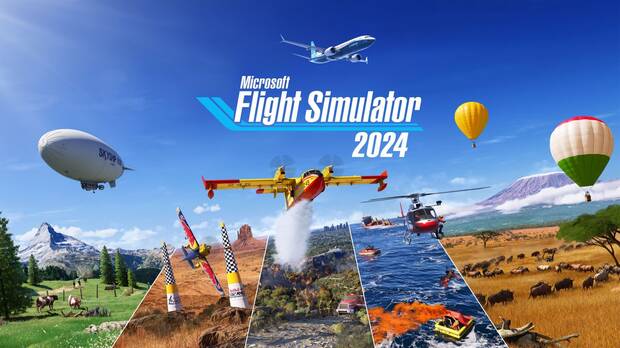 Imagen promocional de Microsoft Flight Simulator 2024 con un montaje de varias de las aeronaves, escenarios y situaciones disponibles