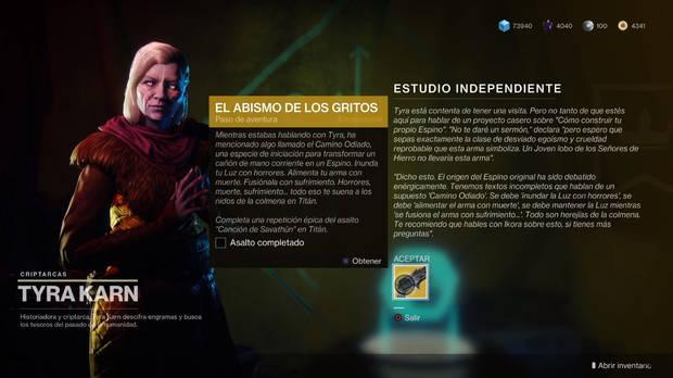 Conseguir Espino Destiny 2 - Completa el asalto La Canción de Savathún