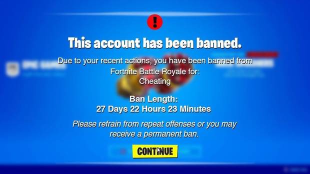 Pantalla de cuenta baneada en Fortnite.