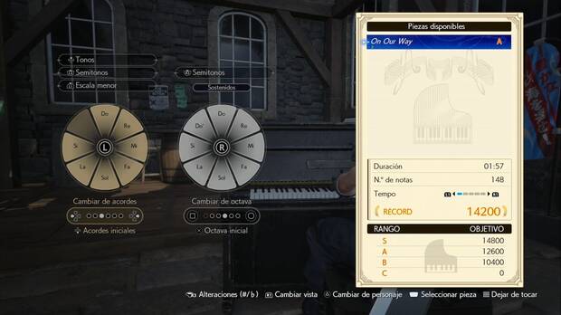 Final Fantasy VII Rebirth - Piano: pantalla de selección de partitura y ruedas