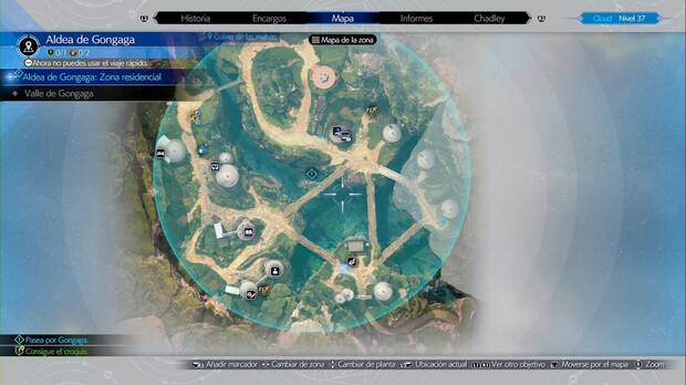 Final Fantasy VII Rebirth - Mapa de Gongaga con la ubicación de los jugadores del Sangre de la reina