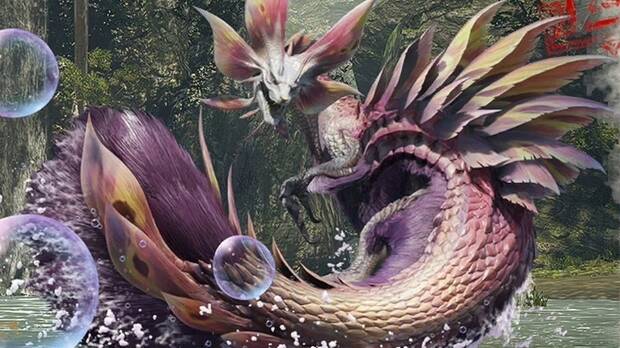 Monster Hunter - Composicin de Mizutsune de Monster Hunter Rise sobre un fondo de Monster Hunter Wilds
