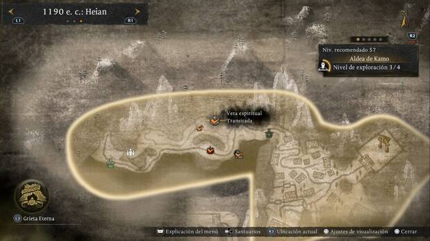 Nioh 3 - Vetas espirituales en la Aldea de Kamo, ubicaci�n de la veta espiritual de la zona oeste que permite llegar al arrepticio